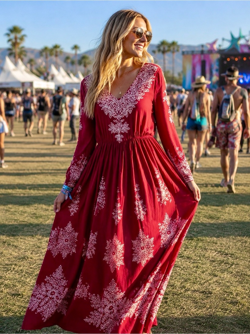 Shall We Boho Printed Red V-Neck Pull-On Maxi Dress - New with Tag - Size Large!